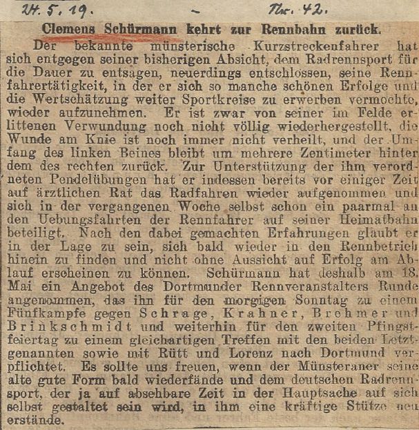 Originalartikel 1919 Schürmanns Rückkehr Originalartikel 1919 Schürmanns Rückkehr