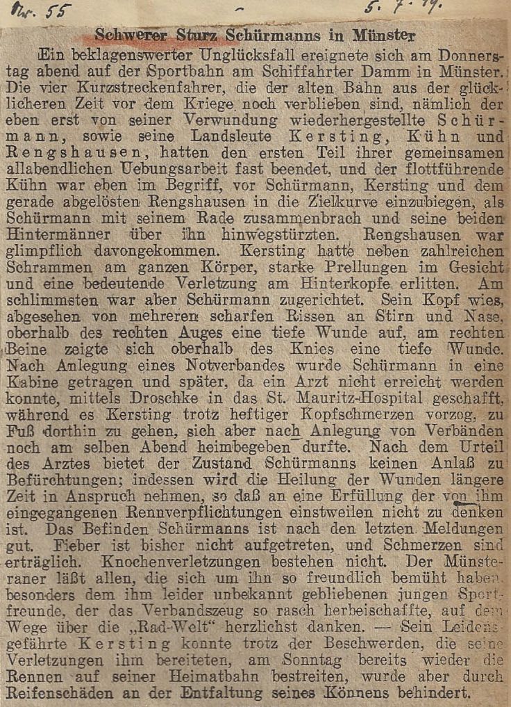 Presseartikel: 1919 Schürmann schwer gestürtzt 1919 Schürmann schwer gestürtzt